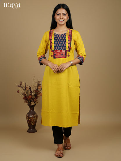 Mustardy Green & Blue Readymade Kurti with ajrakh printed neck yoke