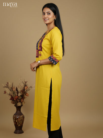 Mustardy Green & Blue Readymade Kurti with ajrakh printed neck yoke