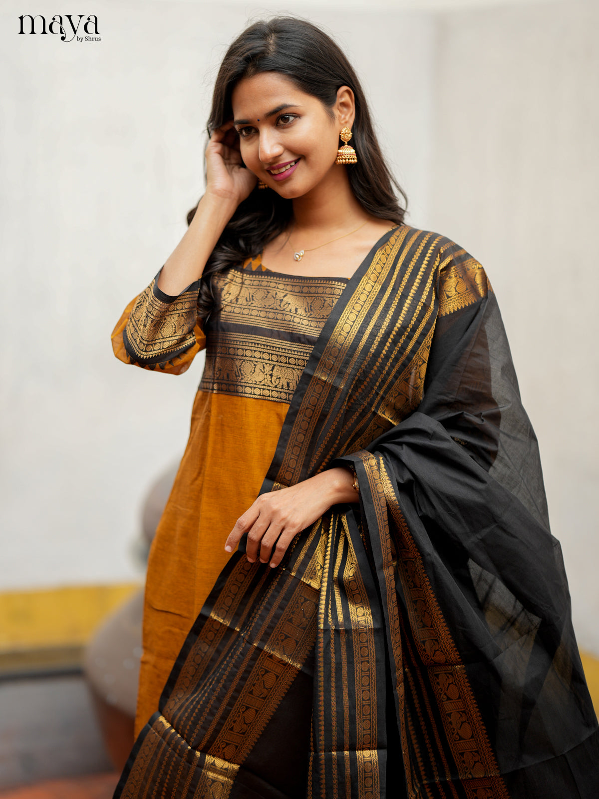 Stylish Mustard & Black Chettinad  Cotton Readymade Kurti with dupatta 5