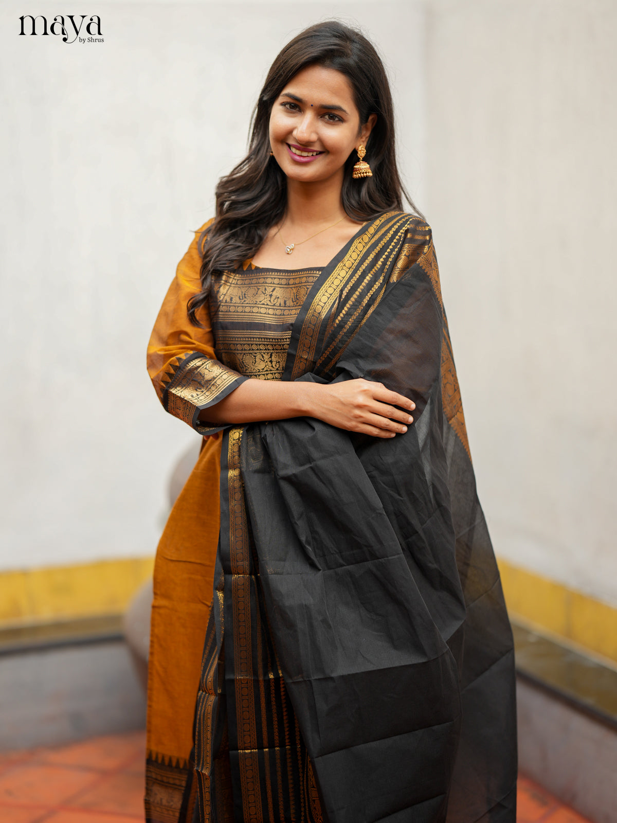 Stylish Mustard & Black Chettinad  Cotton Readymade Kurti with dupatta 1
