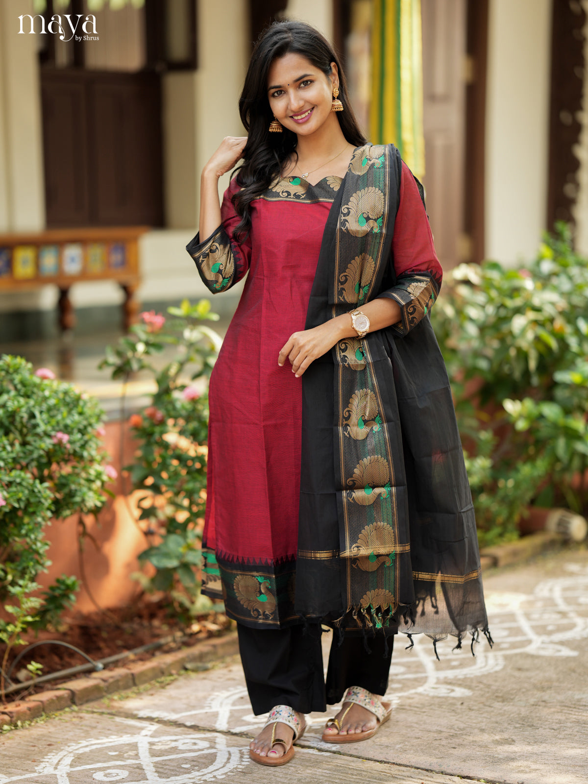 Red & Black Chettinad Cotton Readymade Kurti with Dupatta 1