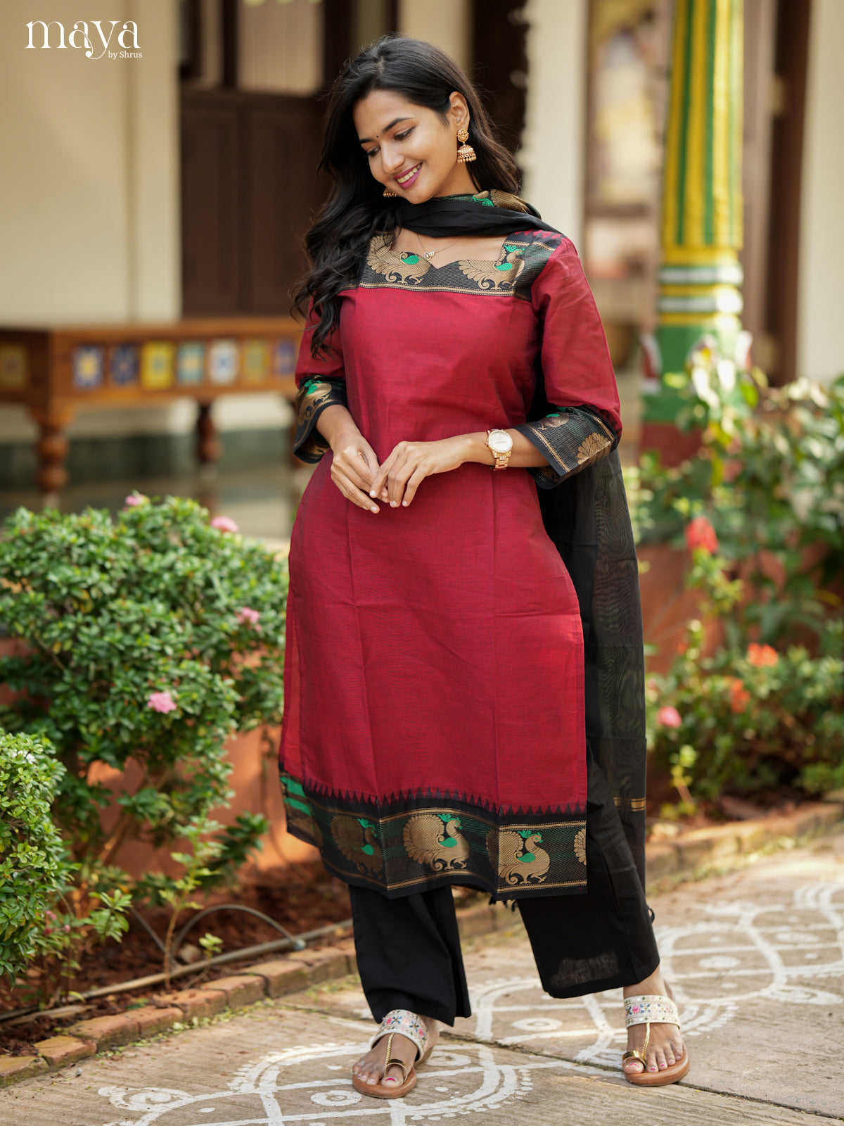 Red & Black Chettinad Cotton Readymade Kurti with Dupatta 5