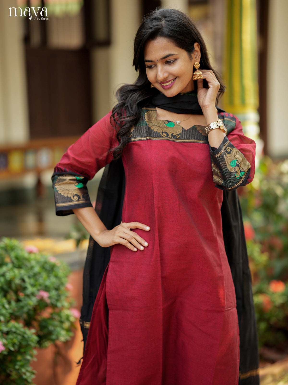 Red & Black Chettinad Cotton Readymade Kurti with Dupatta 3