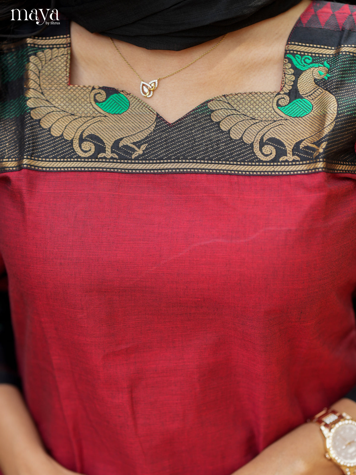Red & Black Chettinad Cotton Readymade Kurti with Dupatta 6
