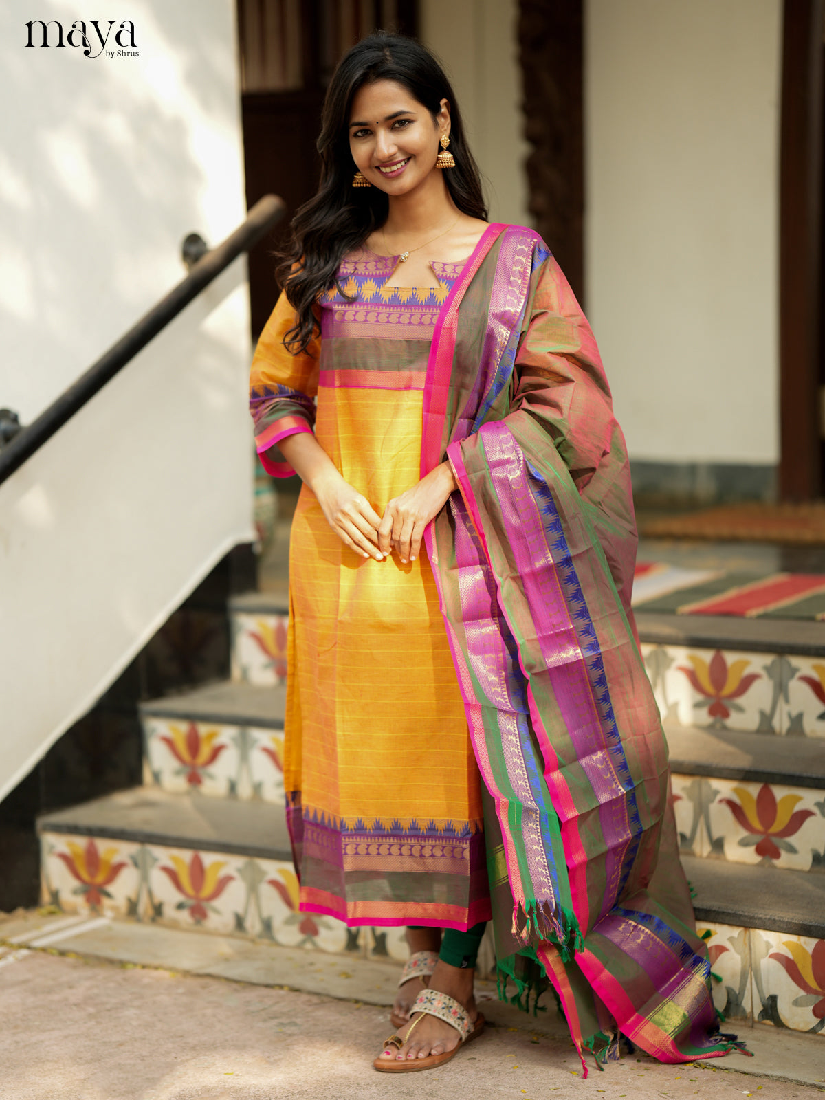 Graceful mustard & Double Shaded Green Chettinad Cotton straight Readymade Kurti with dupatta 1