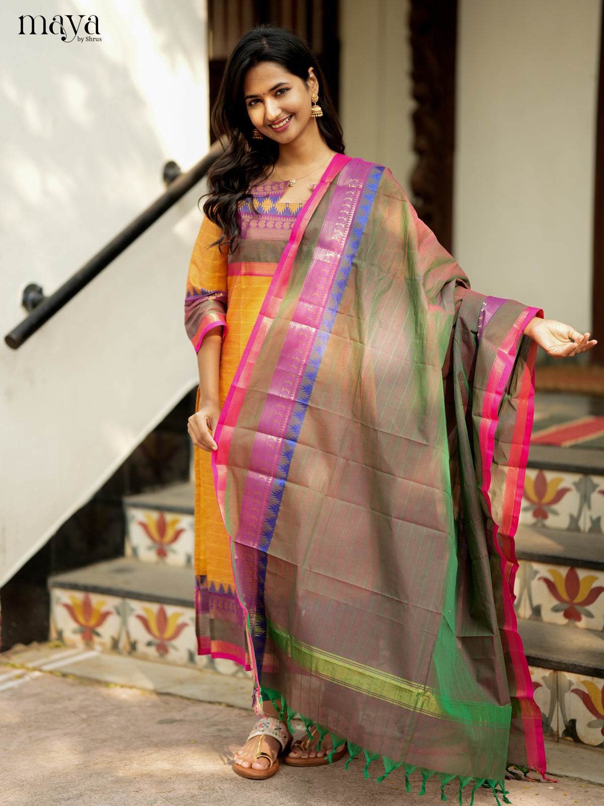 Graceful mustard & Double Shaded Green Chettinad Cotton straight Readymade Kurti with dupatta 5