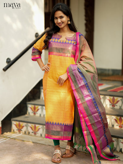 Graceful mustard & Double Shaded Green Chettinad Cotton straight Readymade Kurti with dupatta 2