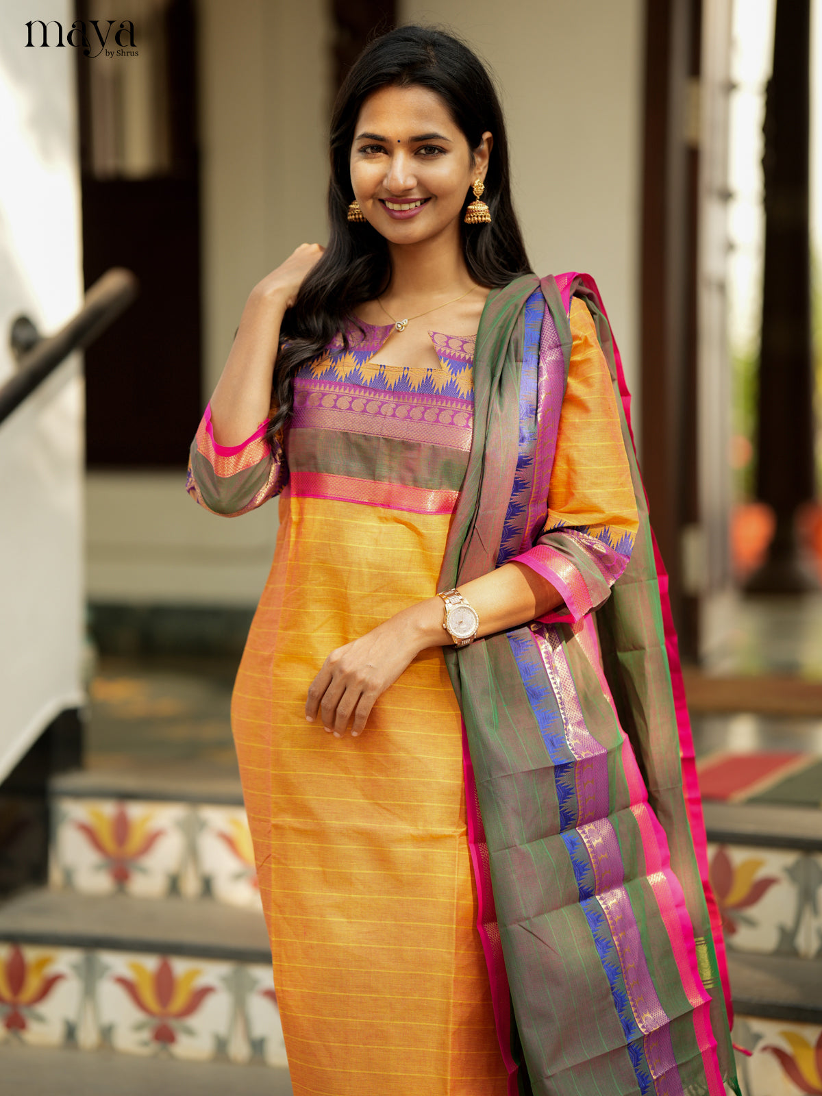 Graceful mustard & Double Shaded Green Chettinad Cotton straight Readymade Kurti with dupatta 4