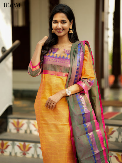 Graceful mustard & Double Shaded Green Chettinad Cotton straight Readymade Kurti with dupatta 4