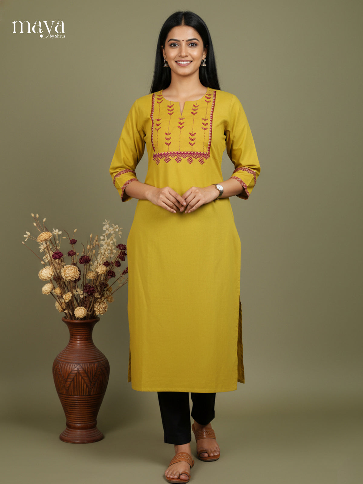Mustard Green Cotton Readymade Kurti with embroidered neck yoke - MDL09001