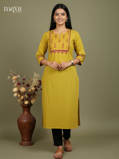 Mustard Green Cotton Readymade Kurti with embroidered neck yoke - MDL09001