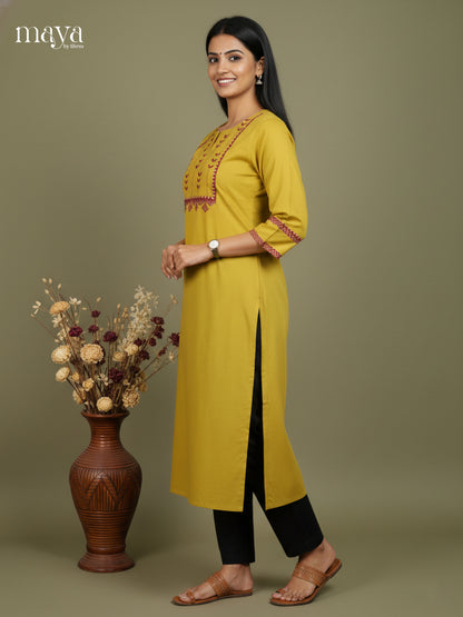 Mustard Green Cotton Readymade Kurti with embroidered neck yoke - MDL09001