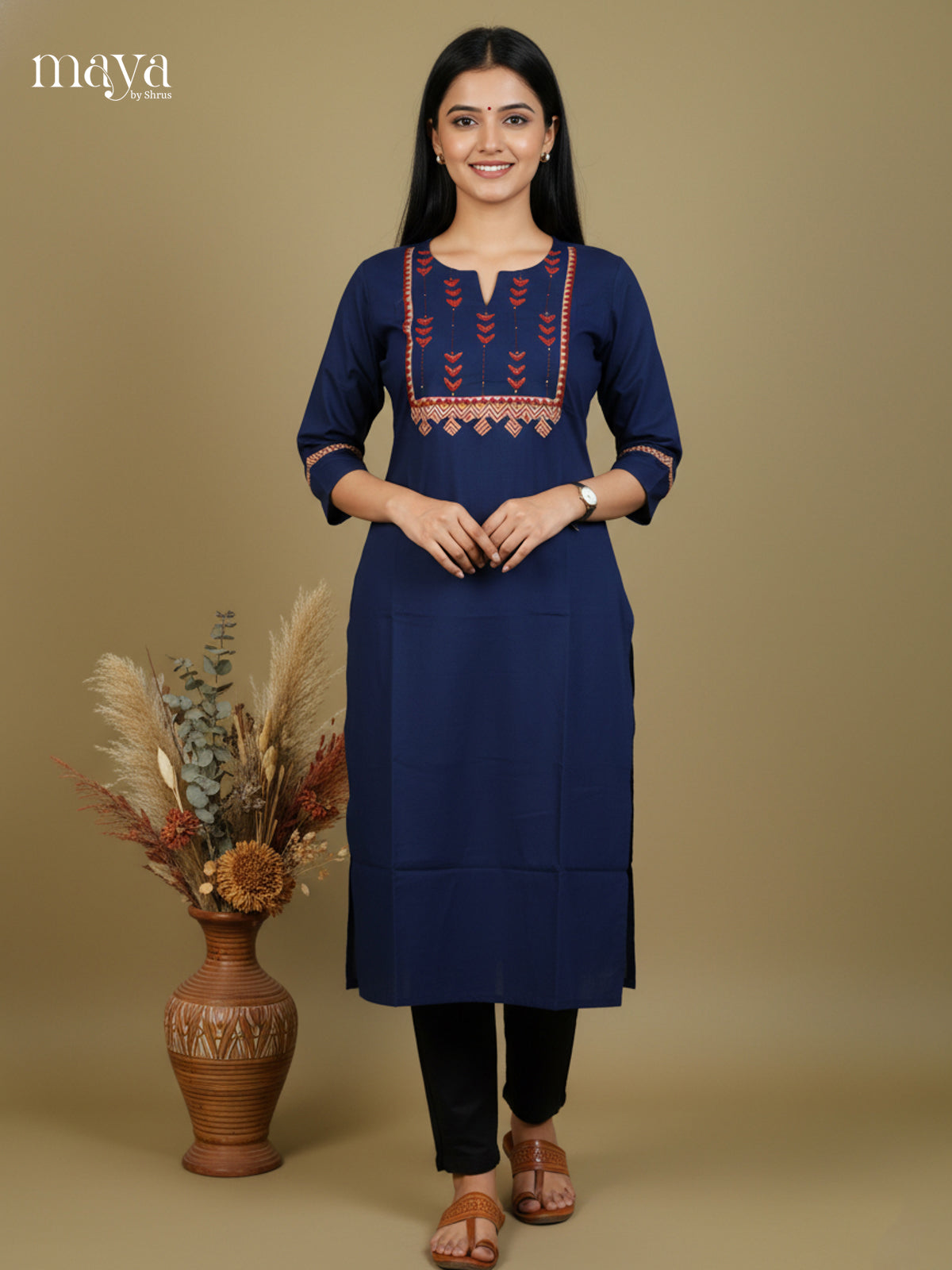 Blue Cotton Readymade Kurti with embroidered neck yoke -MDL09002