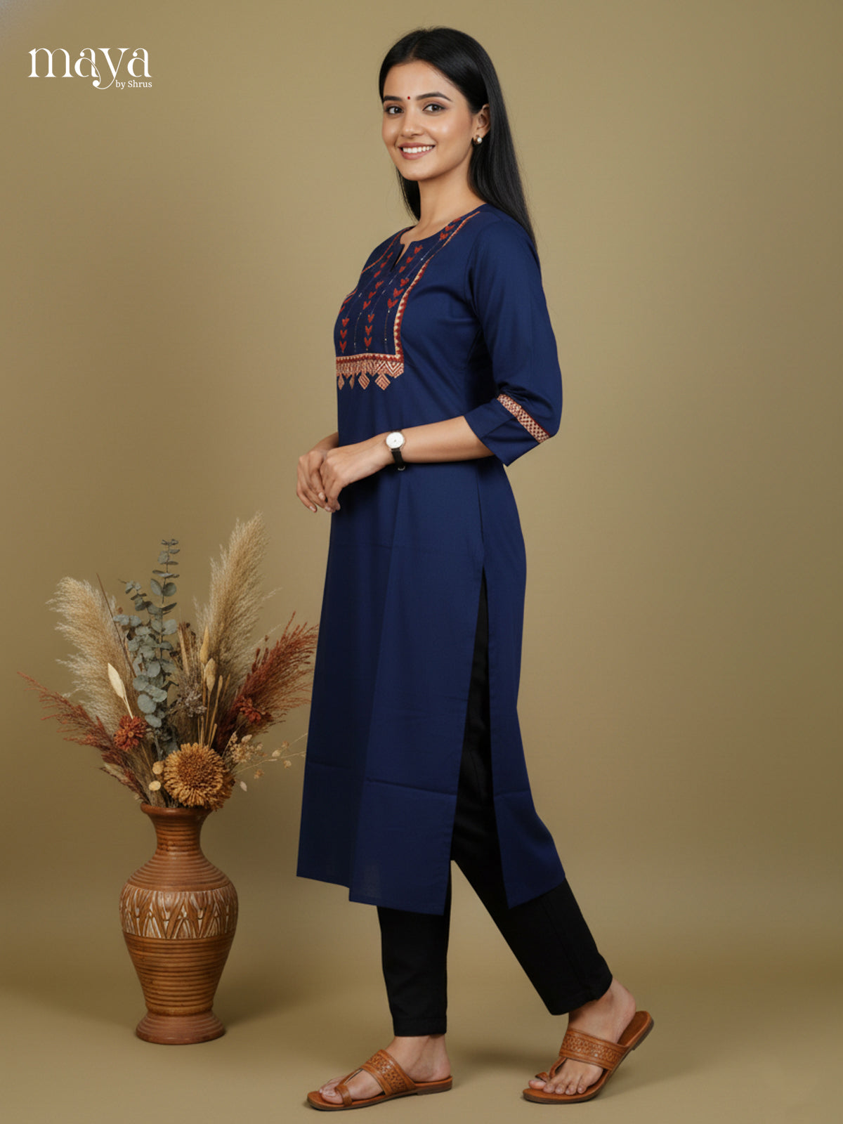 Blue Cotton Readymade Kurti with embroidered neck yoke -MDL09002