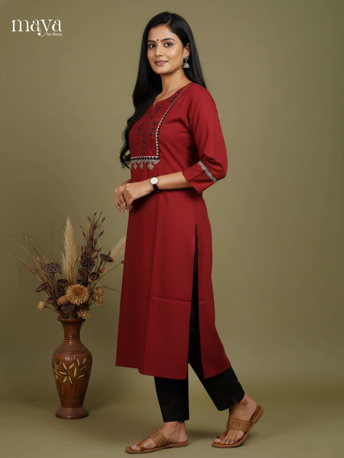 Maroon Red Cotton Readymade Kurti with embroidered neck yoke -MDL09004