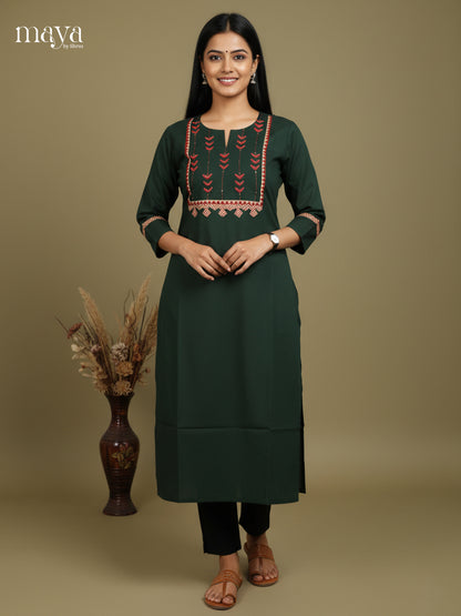 Classy Dark Green cotton Readymade Kurti with embroidered neck yoke -  MDL09005