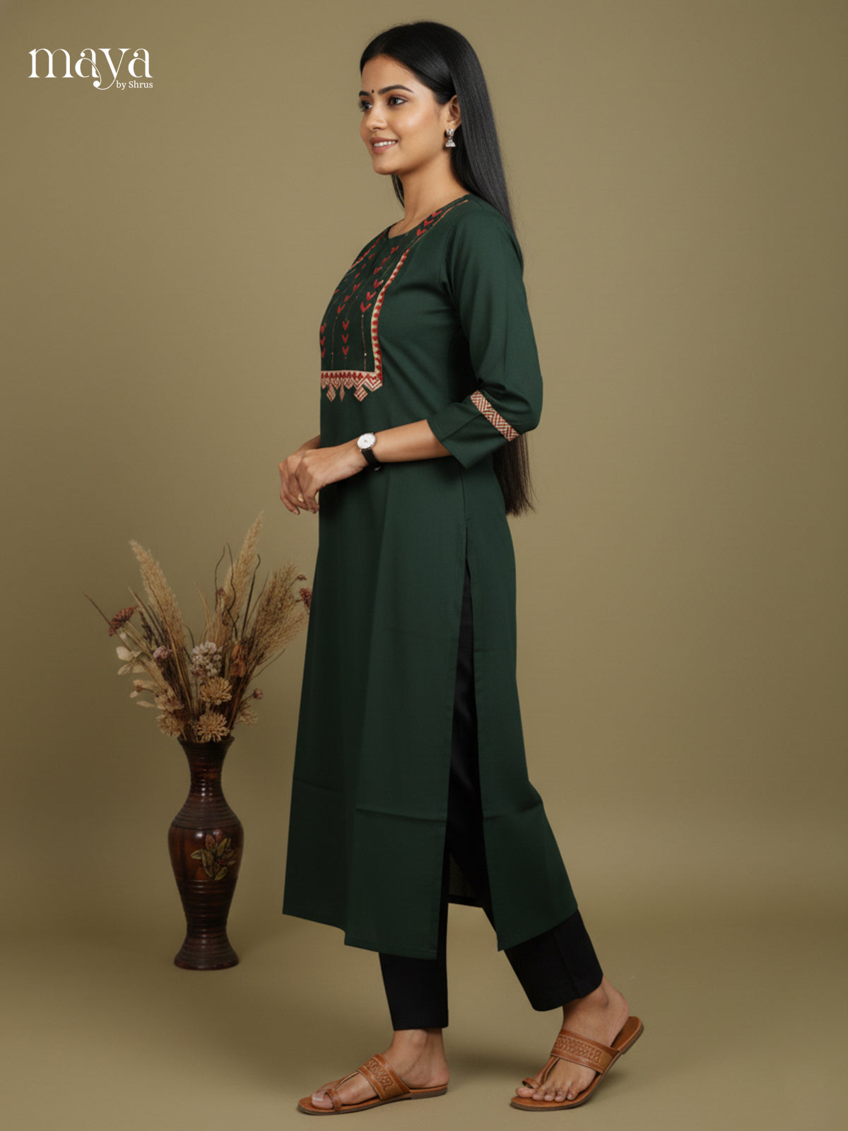 Classy Dark Green cotton Readymade Kurti with embroidered neck yoke -  MDL09005