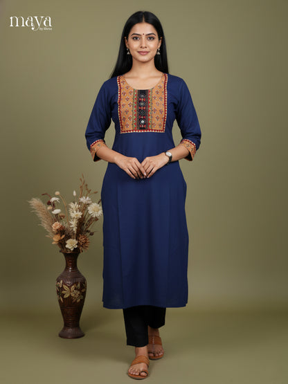 Stylish Navy Blue Cotton Kurti With Embroidered Yoke Neck