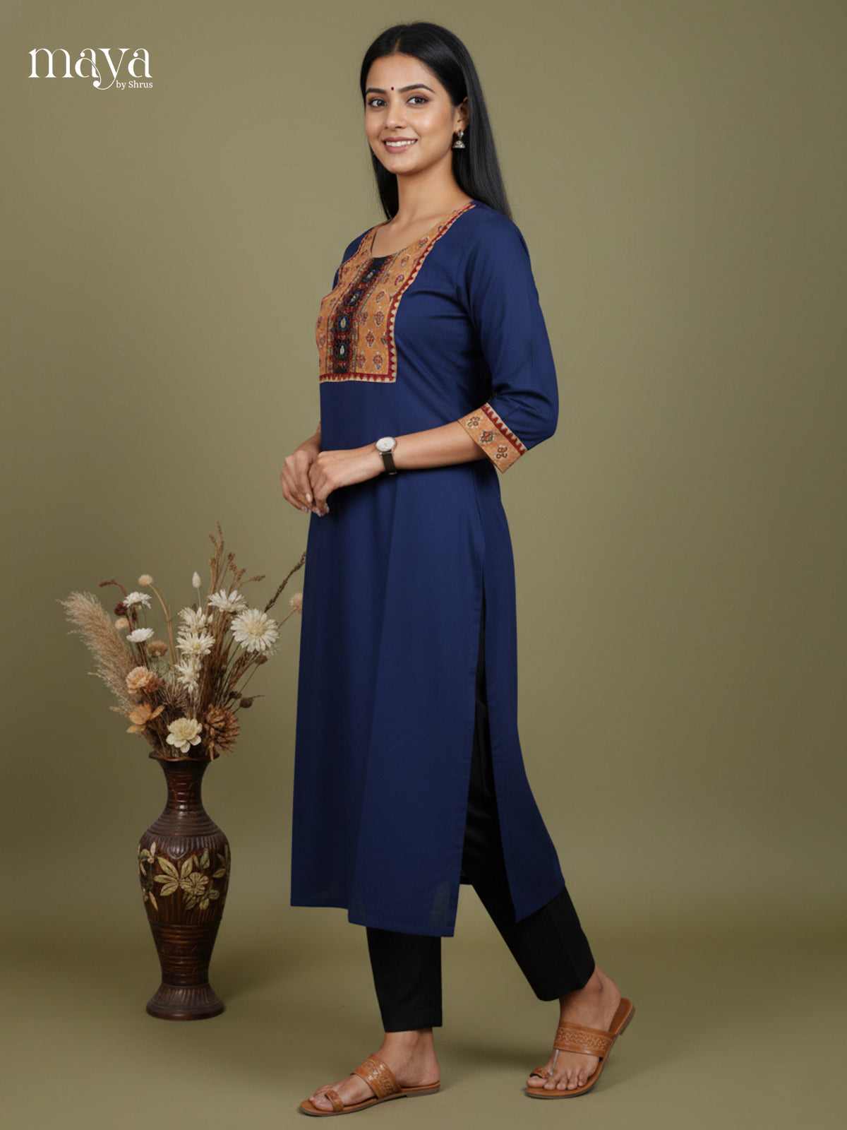 Stylish Navy Blue Cotton Kurti With Embroidered Yoke Neck