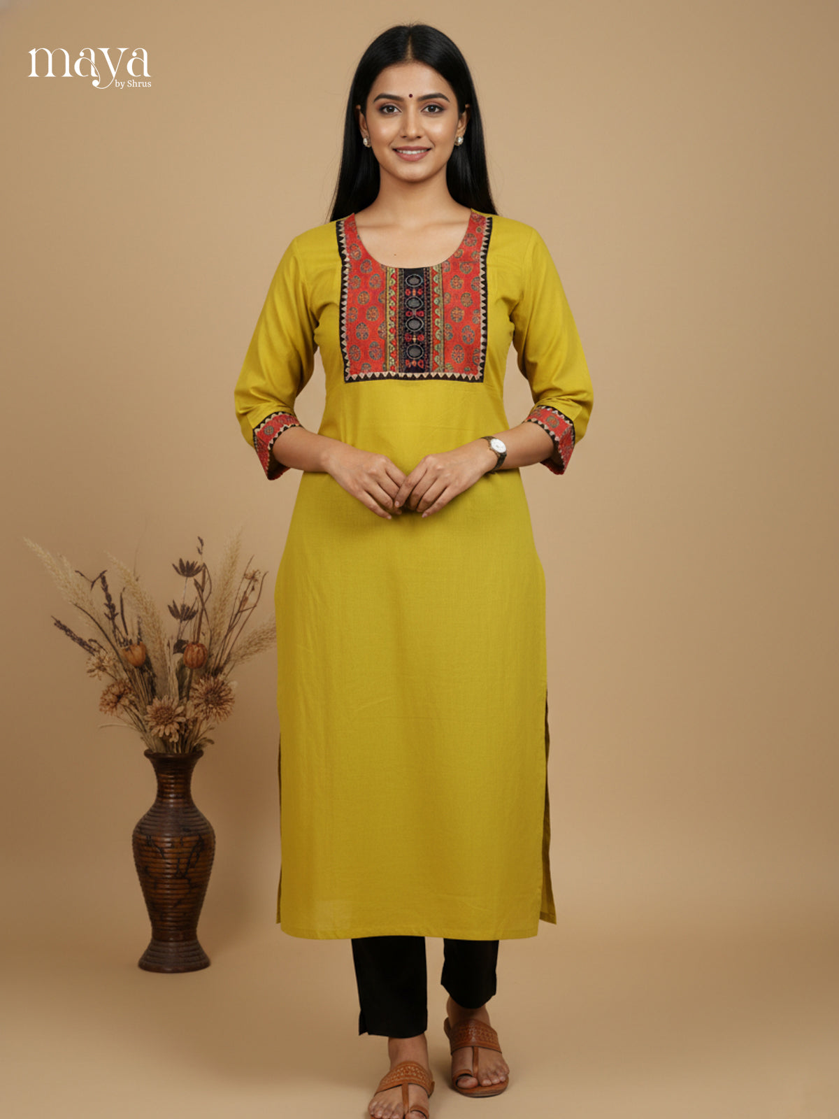 Vibrant Mustard Green Cotton Kurti With Embroidered Yoke Neck