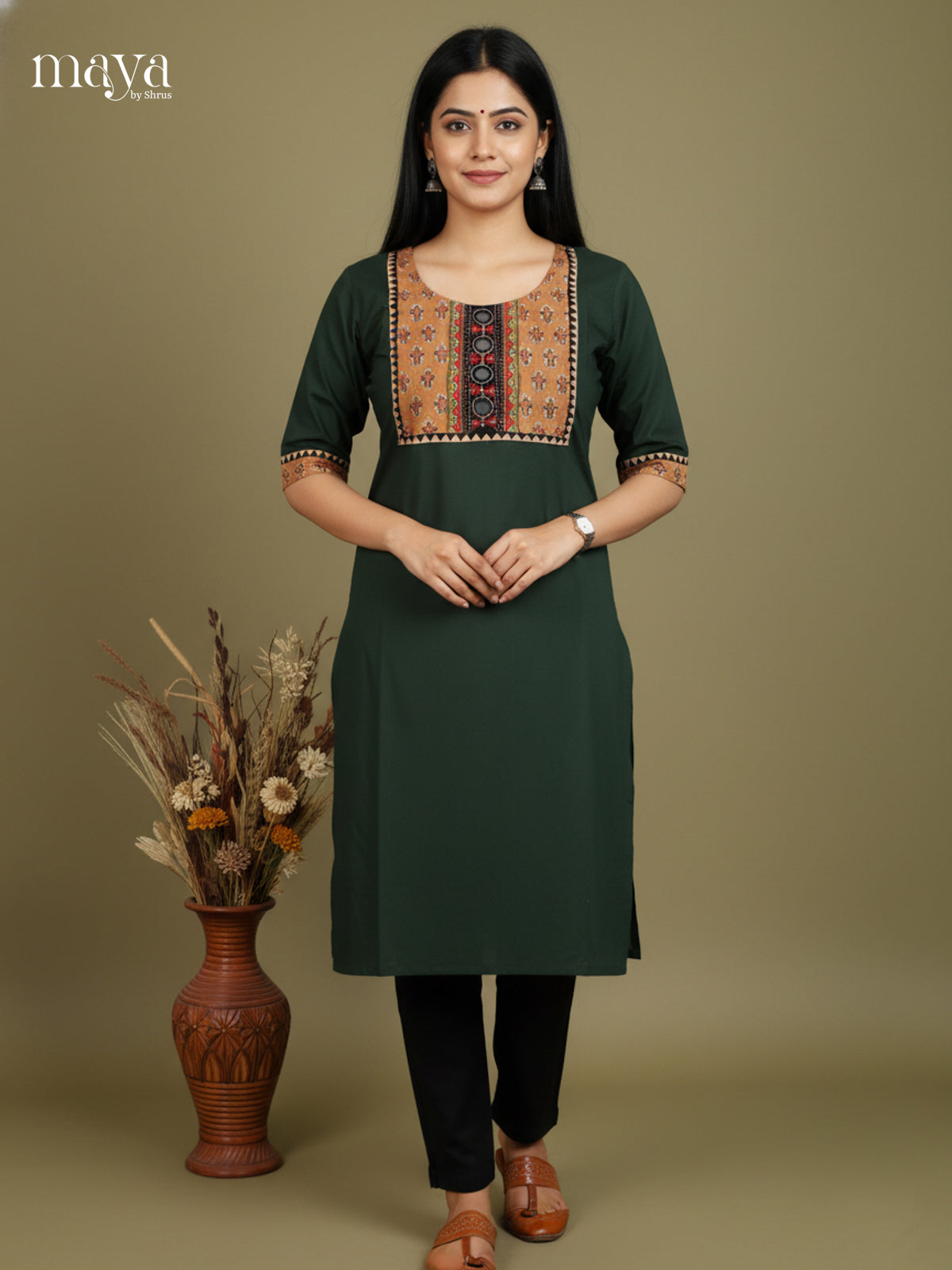 Elegant Dark Green Cotton Kurti With Embroidered Yoke Neck