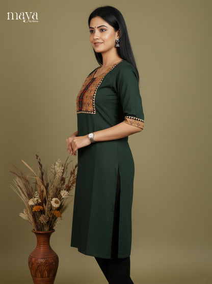 Elegant Dark Green Cotton Kurti With Embroidered Yoke Neck