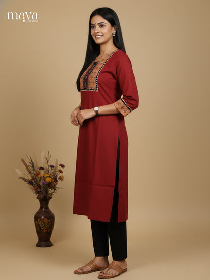 Comfy Maroon Cotton Kurti With Embroidered Yoke Neck