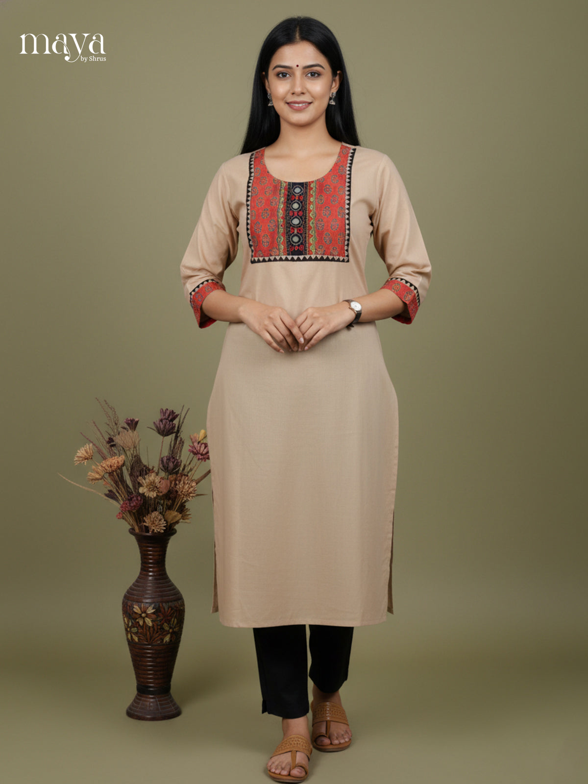 Chic Beige Cotton Kurti With Embroidered Yoke Neck