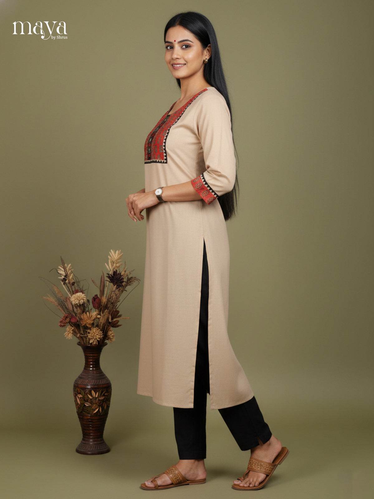 Chic Beige Cotton Kurti With Embroidered Yoke Neck