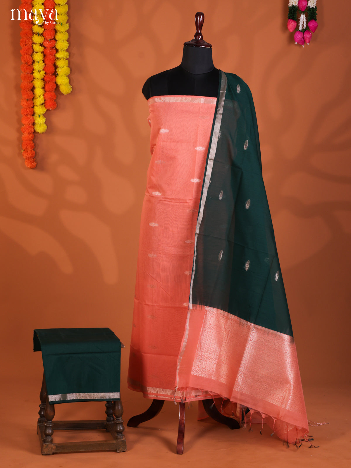 Peach & Green-Semi silkcotton salwar unstitch