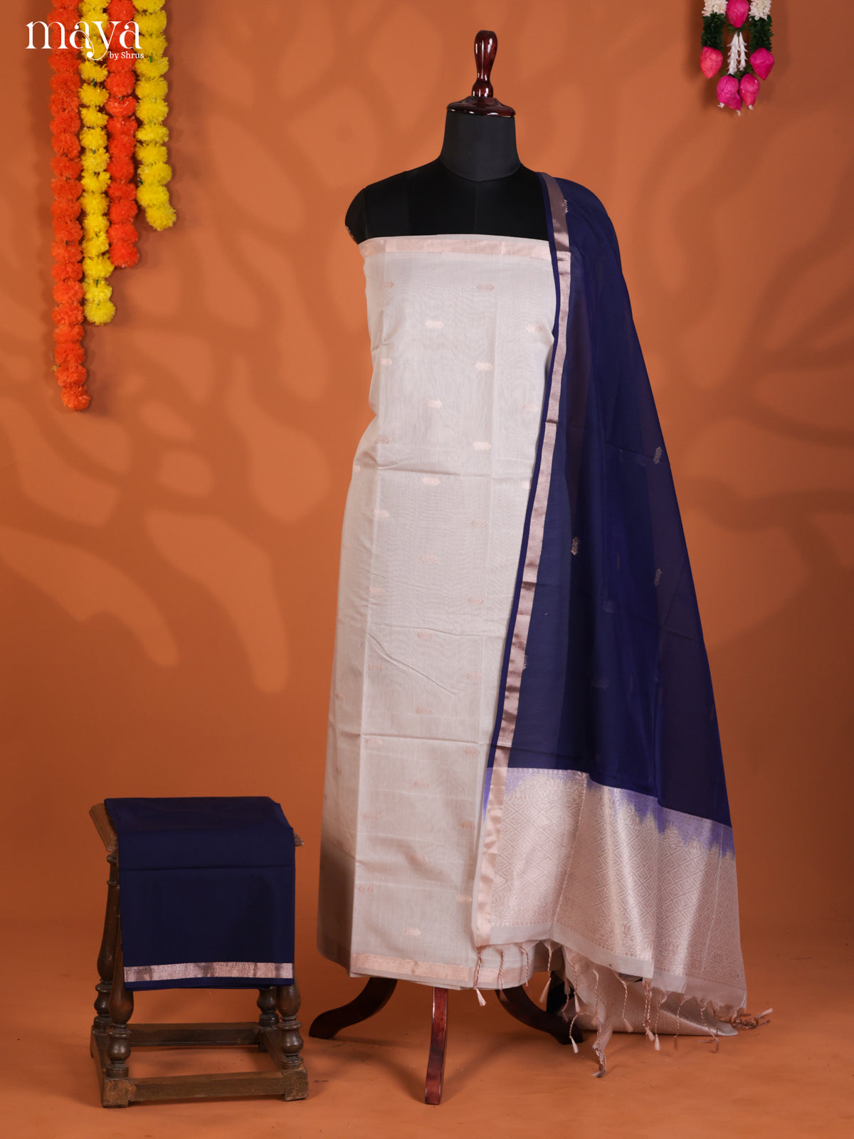 Grey & Blue-Semi silkcotton salwar unstitch