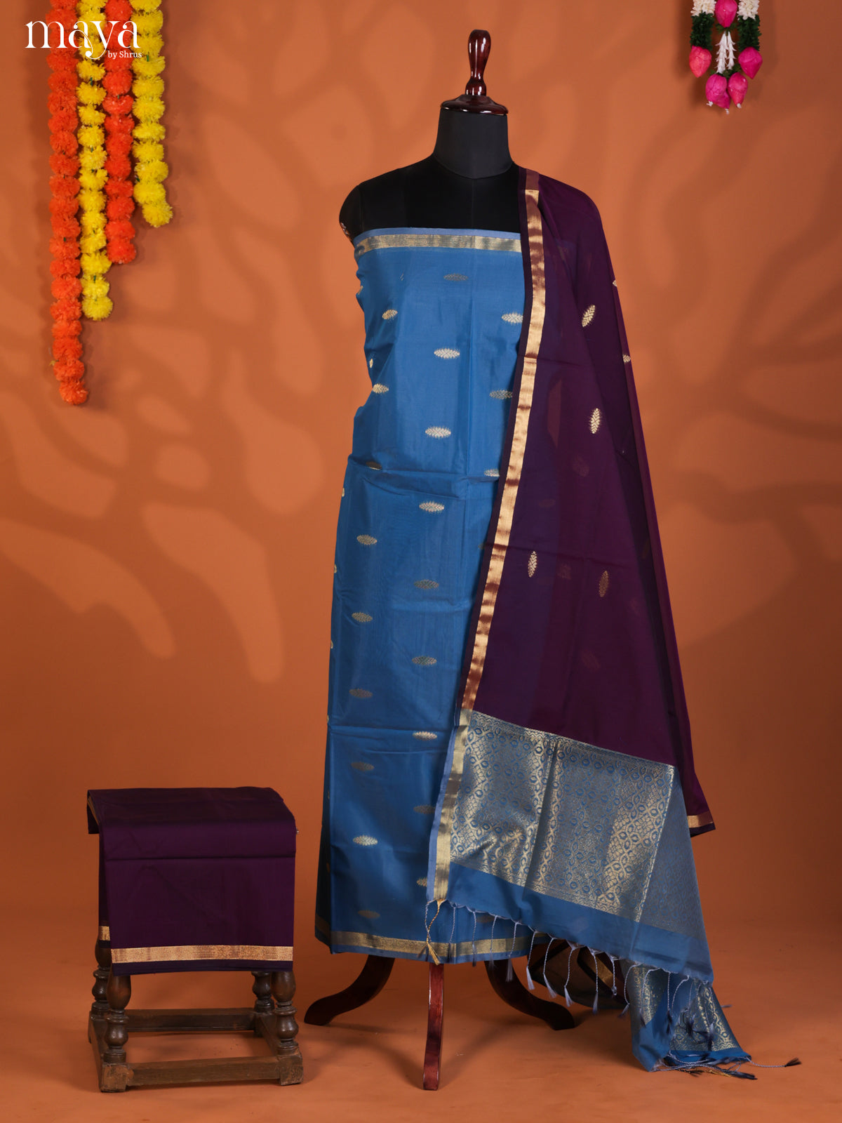 Blue & Violet-Semi silkcotton salwar unstitch