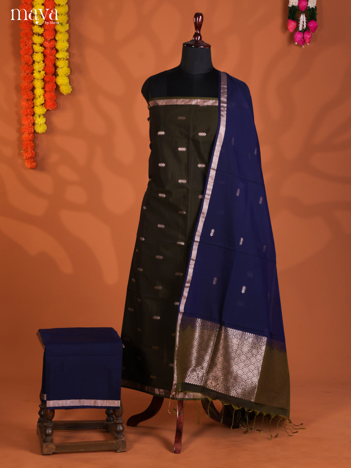 Green & Blue-Semi silkcotton salwar unstitch