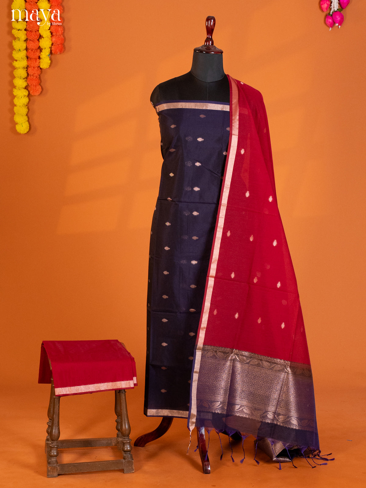 Blue & Red-Semi silkcotton salwar unstitch