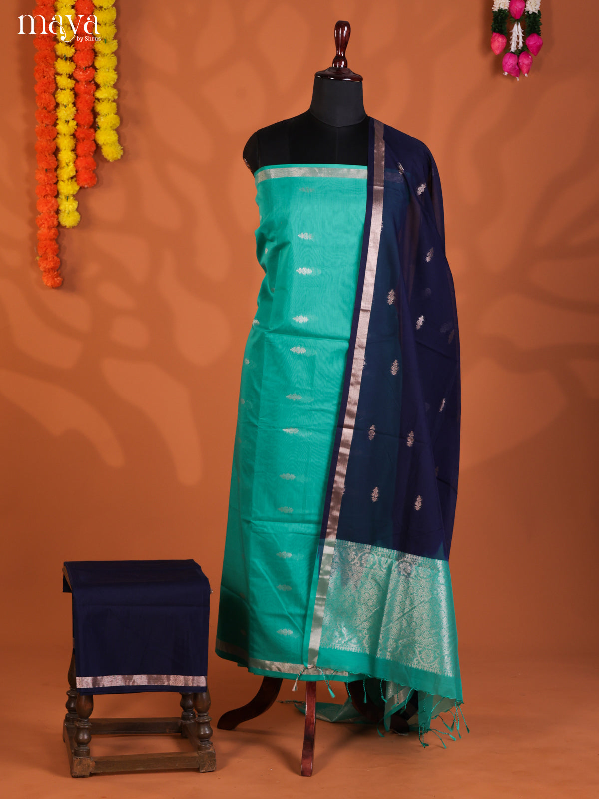 Teal Green & Blue-Semi silkcotton salwar unstitch