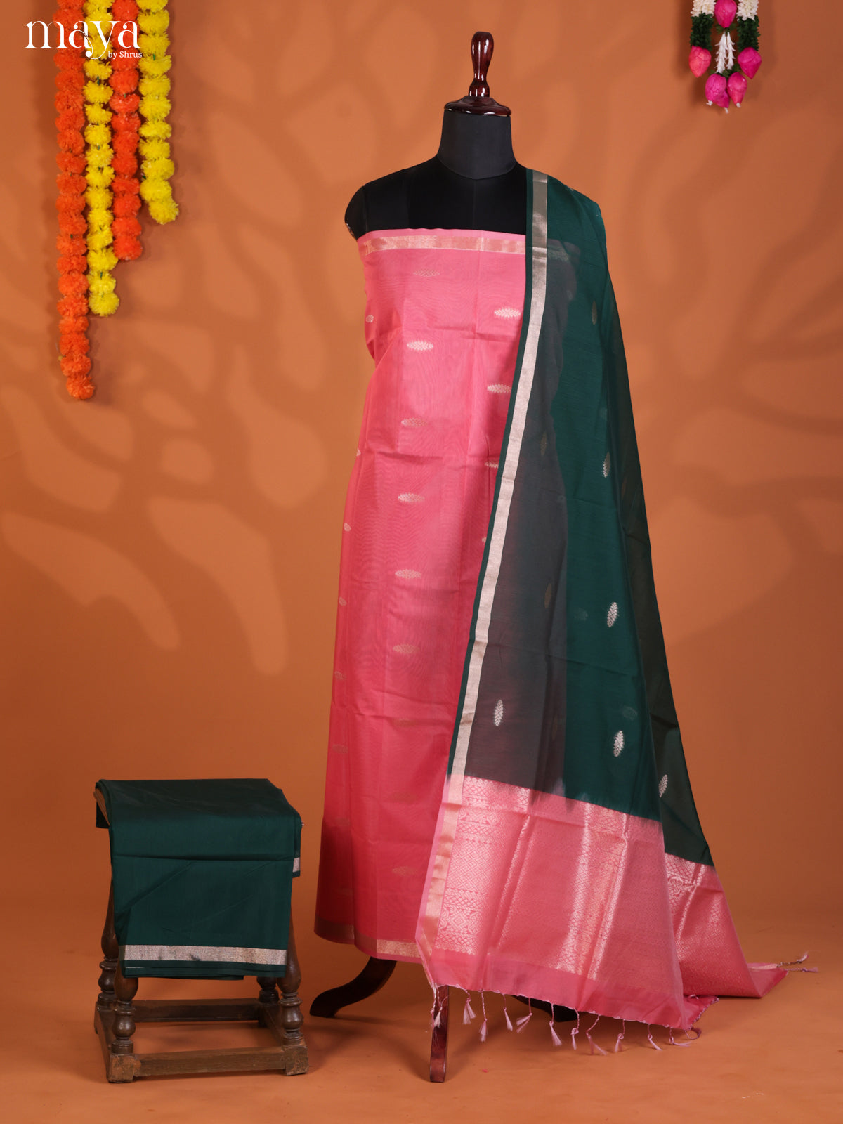 Pink & Green -Semi silkcotton salwar unstitch