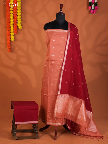 Peach & Red-Semi silkcotton salwar unstitch