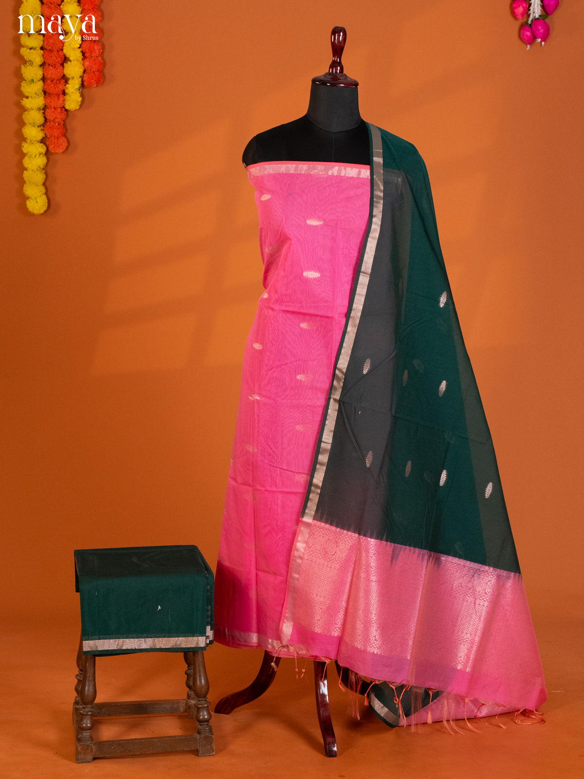 Pink & Green-Semi silkcotton salwar unstitch