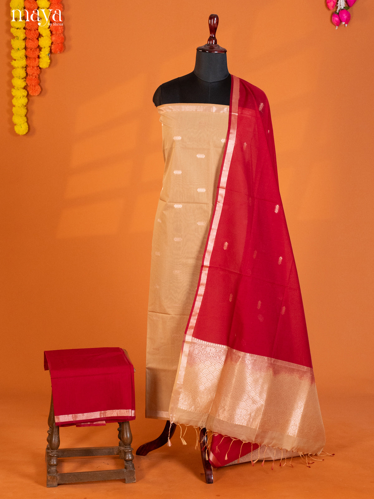 Peach & Red-Semi silkcotton salwar unstitch