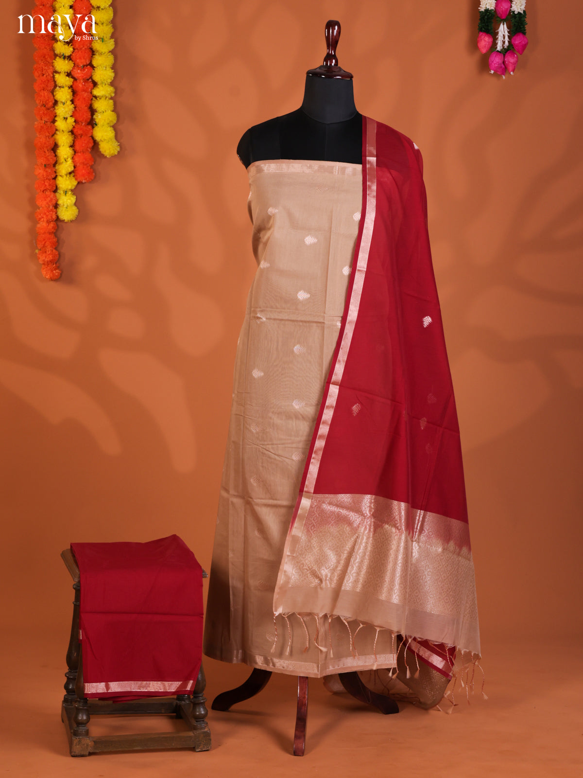 Light Brown & Red-Semi silkcotton salwar unstitch