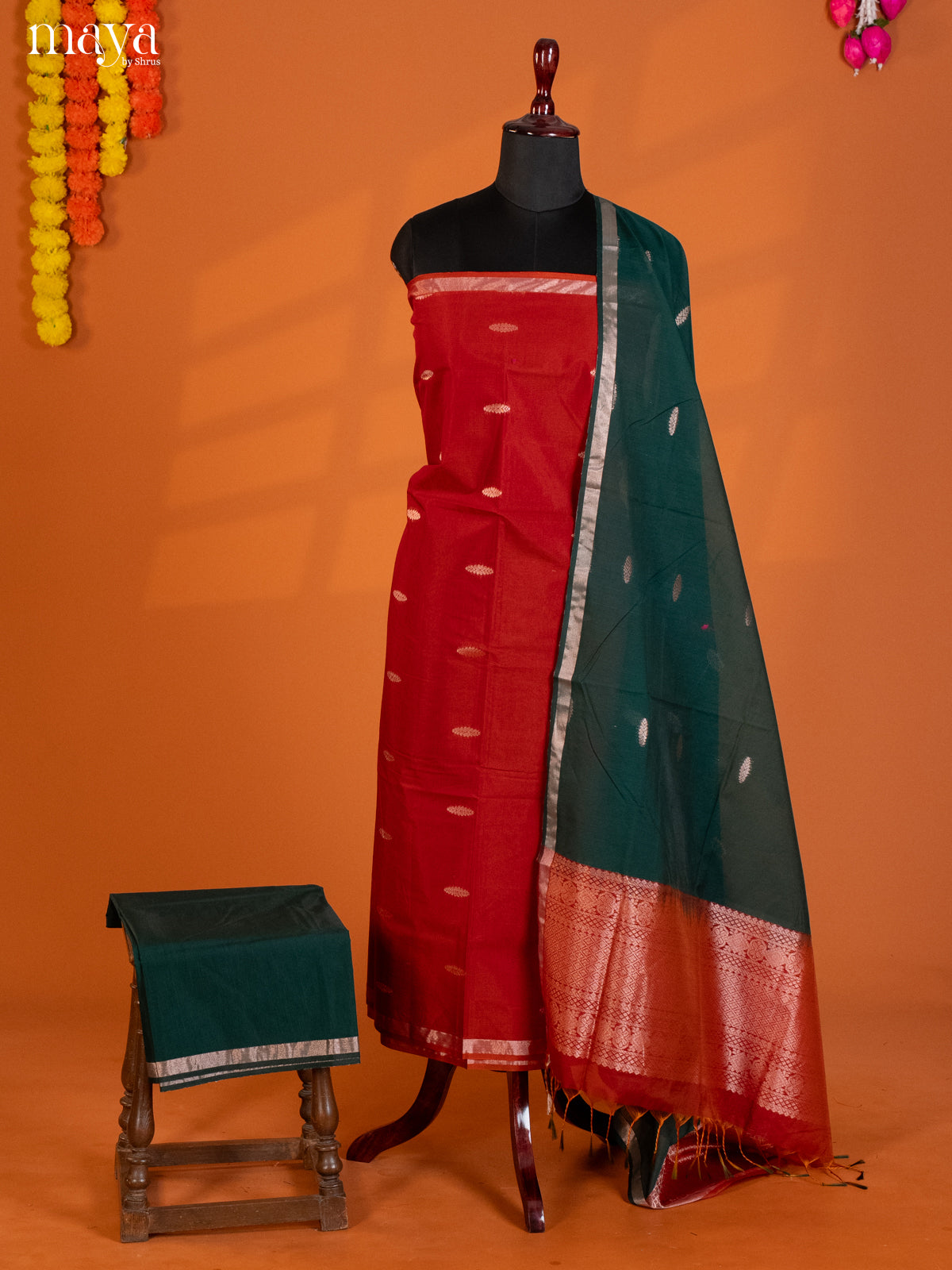 Red & Green-Semi silkcotton salwar unstitch