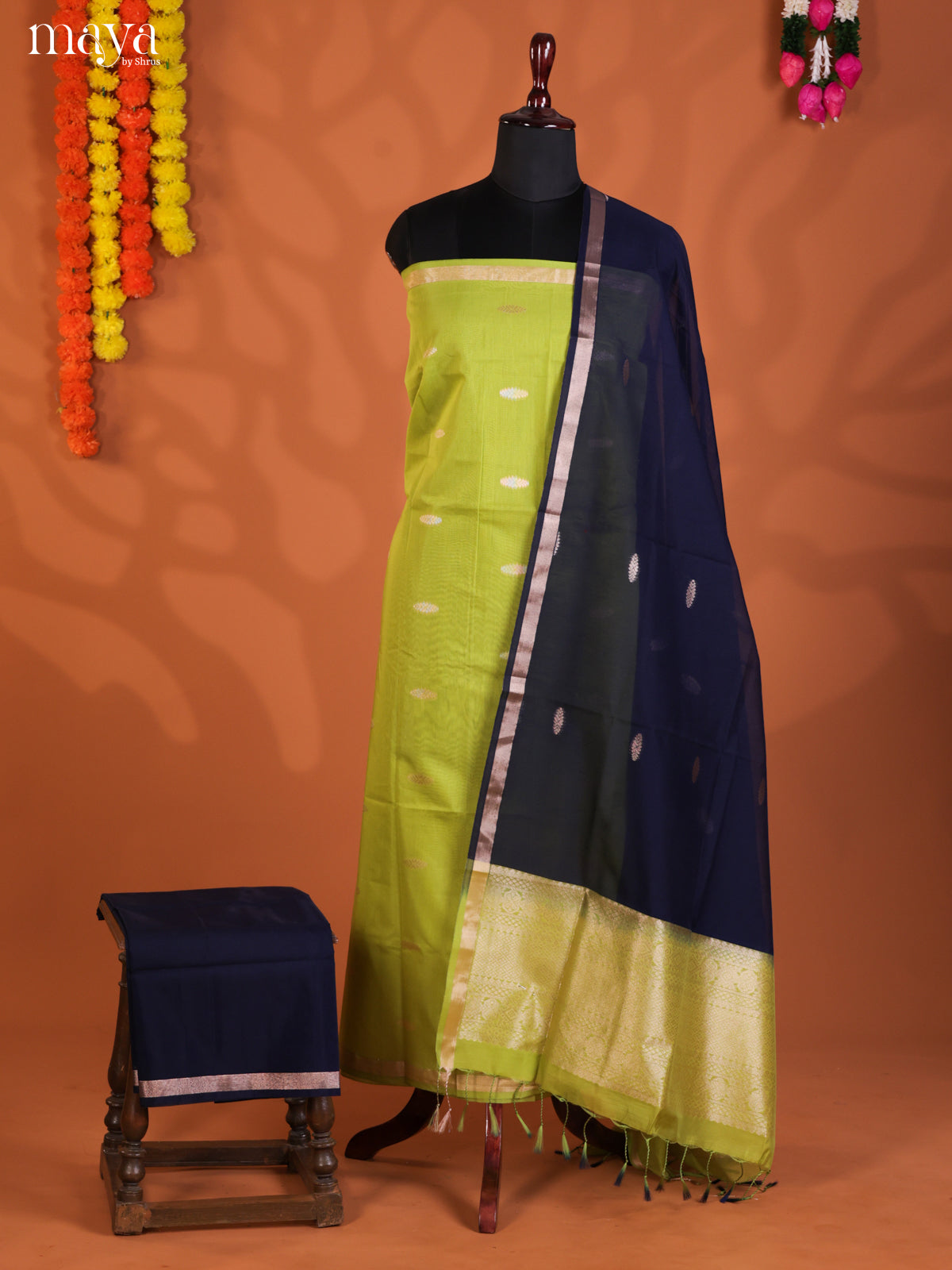 Light Green & Blue-Semi silkcotton salwar unstitch