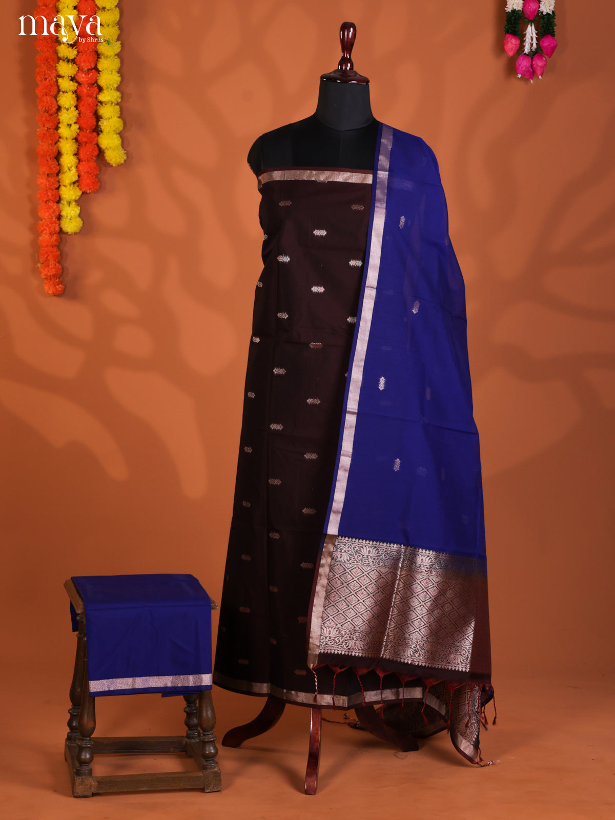 Maroon & Blue-Semi silkcotton salwar unstitch