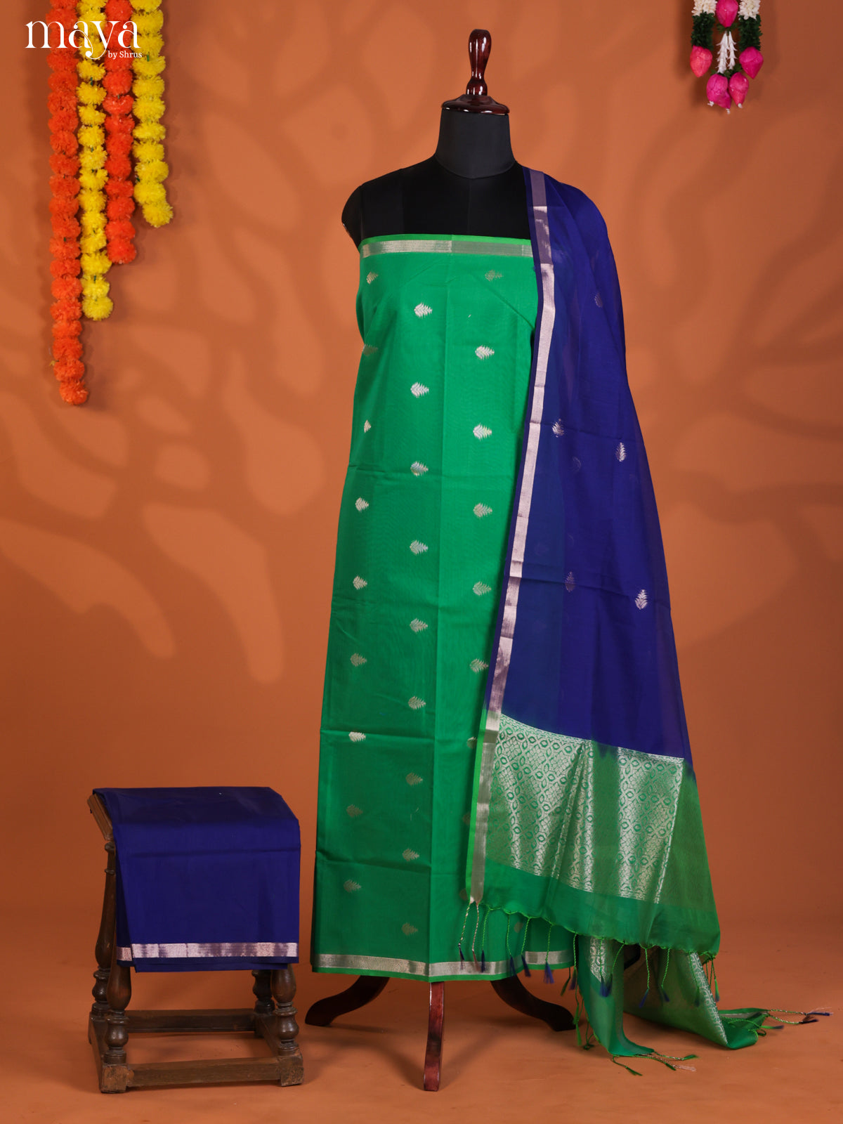 Green & Blue-Semi silkcotton salwar unstitch