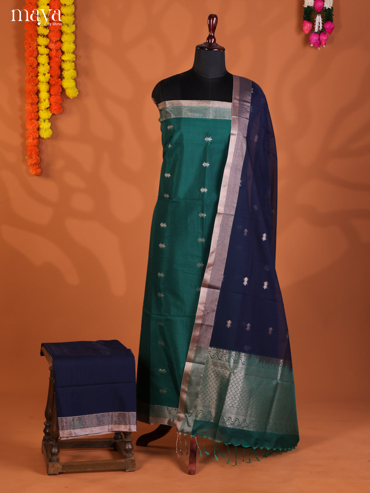 Green & Blue -Semi silkcotton salwar unstitch