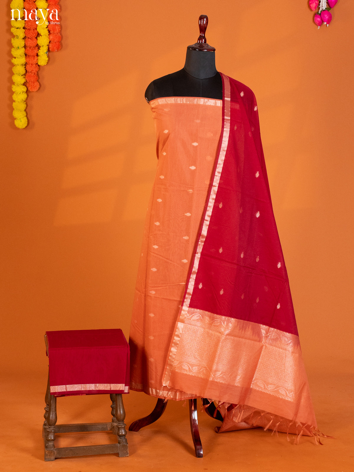 Peach & Red-Semi silkcotton salwar unstitch