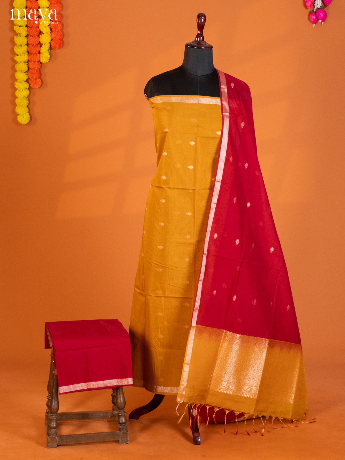 Mustard & Red-Semi silkcotton salwar unstitch
