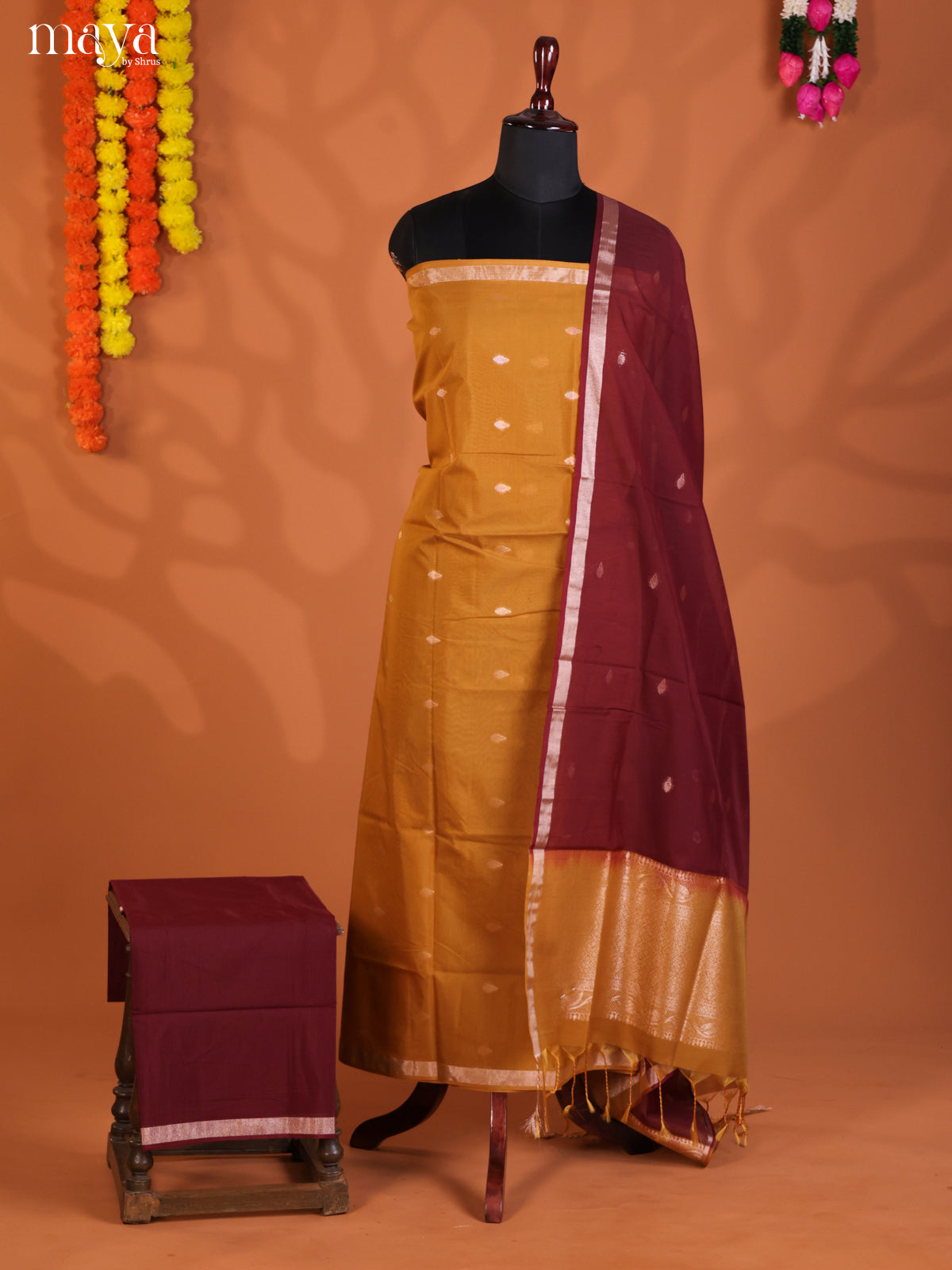 Mustard & Maroon -Semi silkcotton salwar unstitch