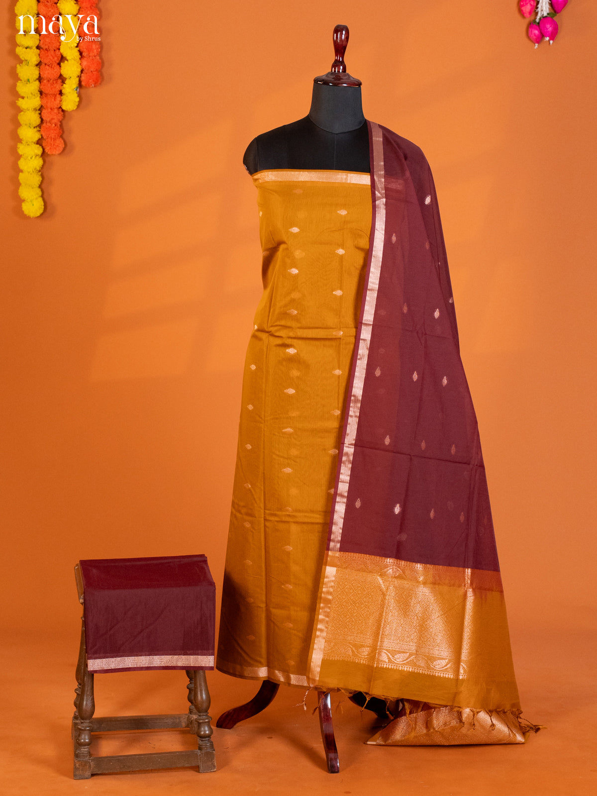 Mustard & Maroon-Semi silkcotton salwar unstitch
