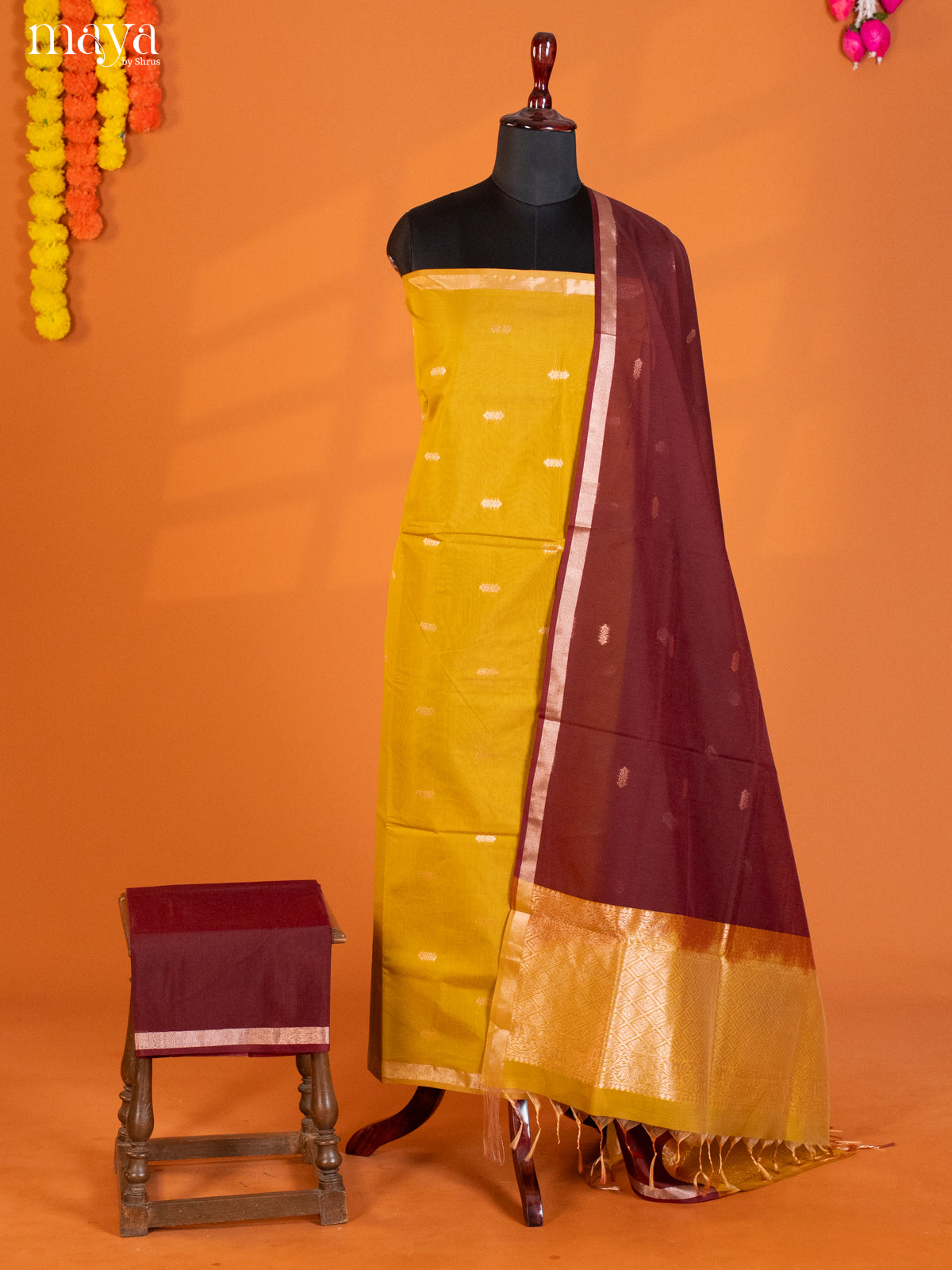 Yellow & Maroon -Semi silkcotton salwar unstitch
